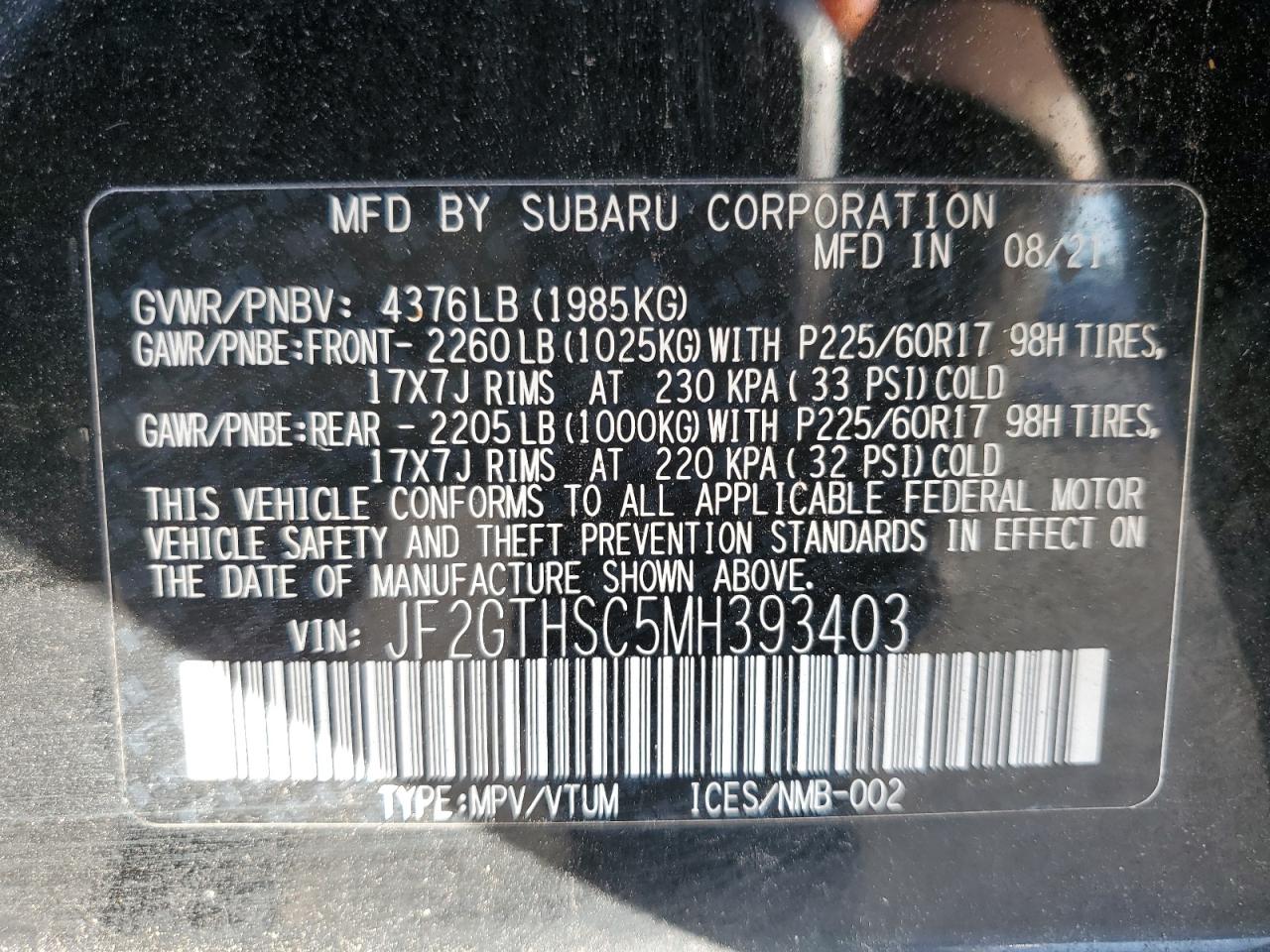 2021 Subaru Crosstrek Sport VIN: JF2GTHSC5MH393403 Lot: 84736195