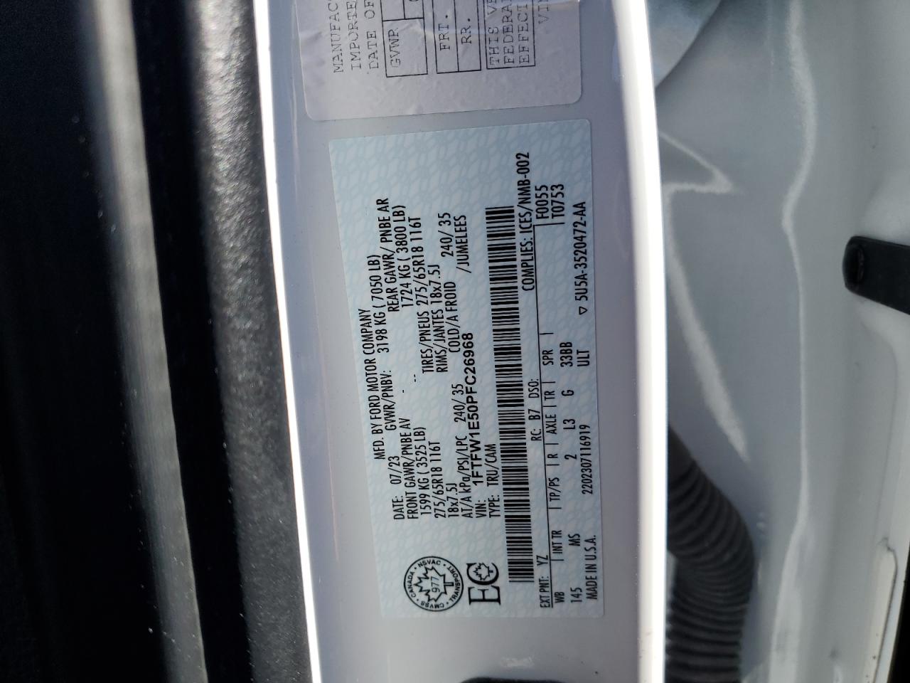 2023 Ford F150 Supercrew VIN: 1FTFW1E50PFC26968 Lot: 87273165