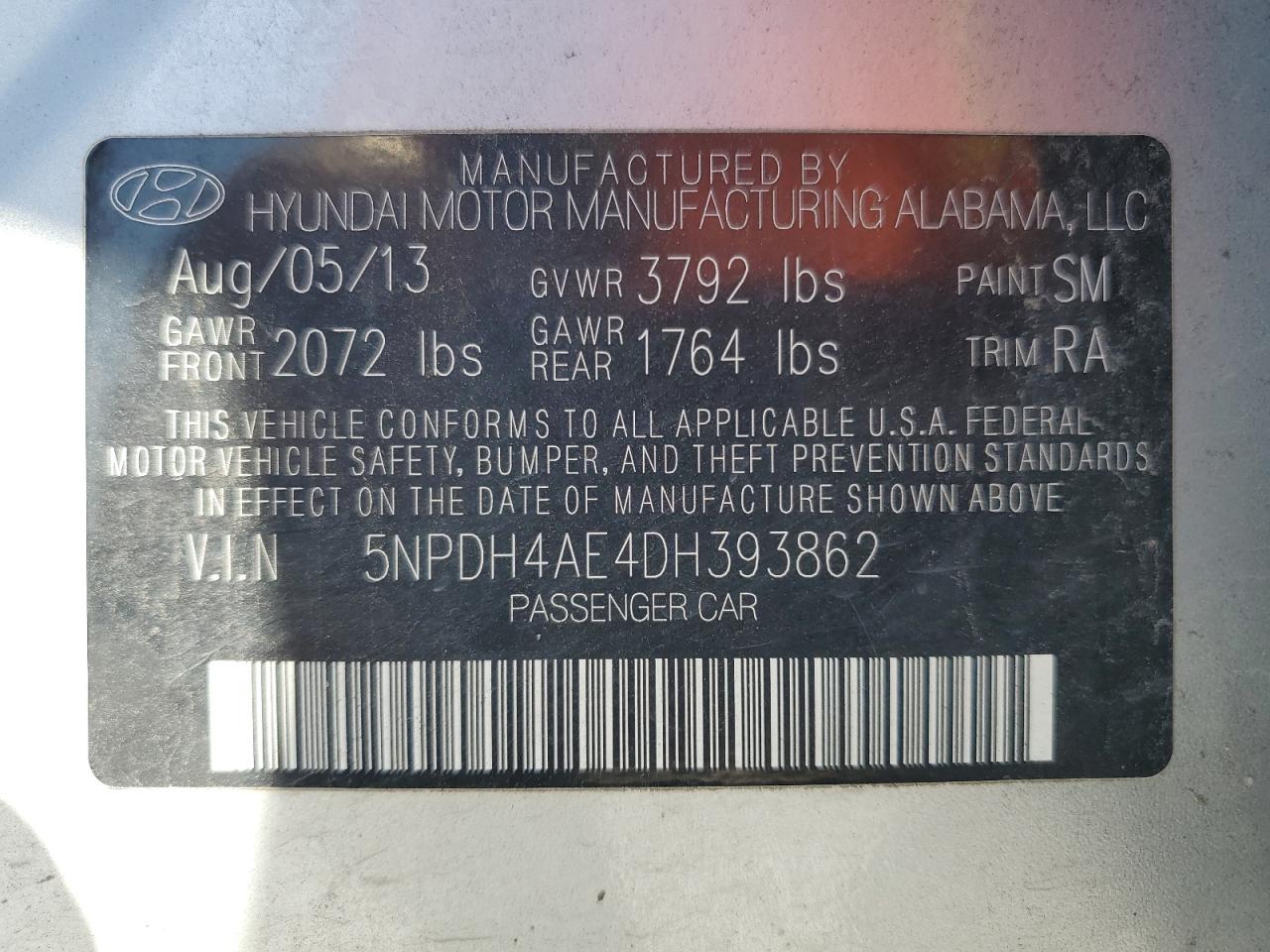 2013 Hyundai Elantra Gls VIN: 5NPDH4AE4DH393862 Lot: 82430685