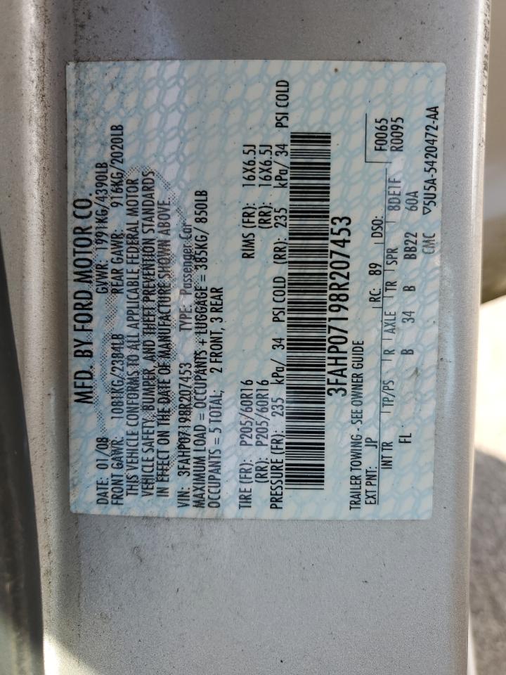 2008 Ford Fusion Se VIN: 3FAHP07198R207453 Lot: 81981865