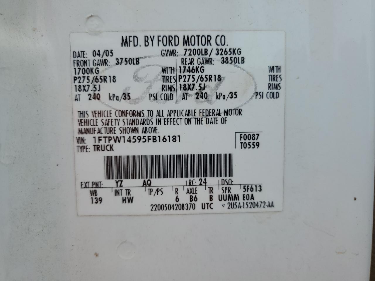 2005 Ford F150 Supercrew VIN: 1FTPW14595FB16181 Lot: 82044455