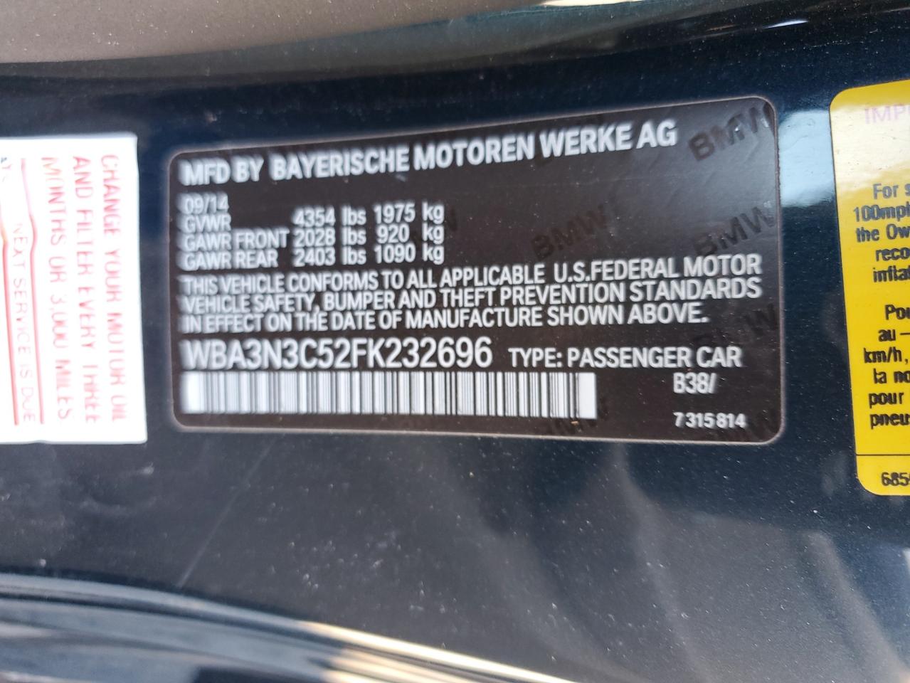 2015 BMW 428 I VIN: WBA3N3C52FK232696 Lot: 86465965