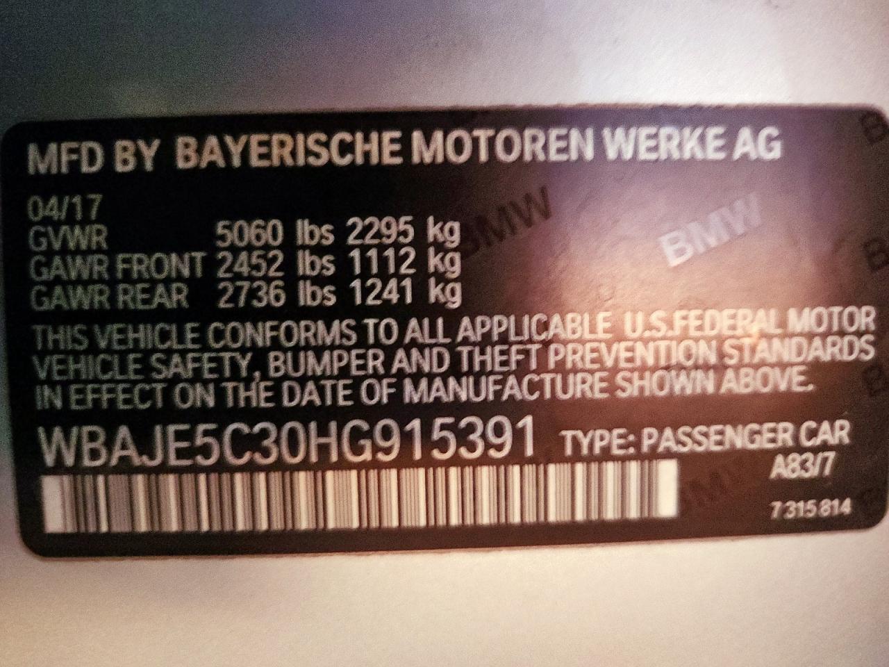 2017 BMW 540 I VIN: WBAJE5C30HG915391 Lot: 85399855