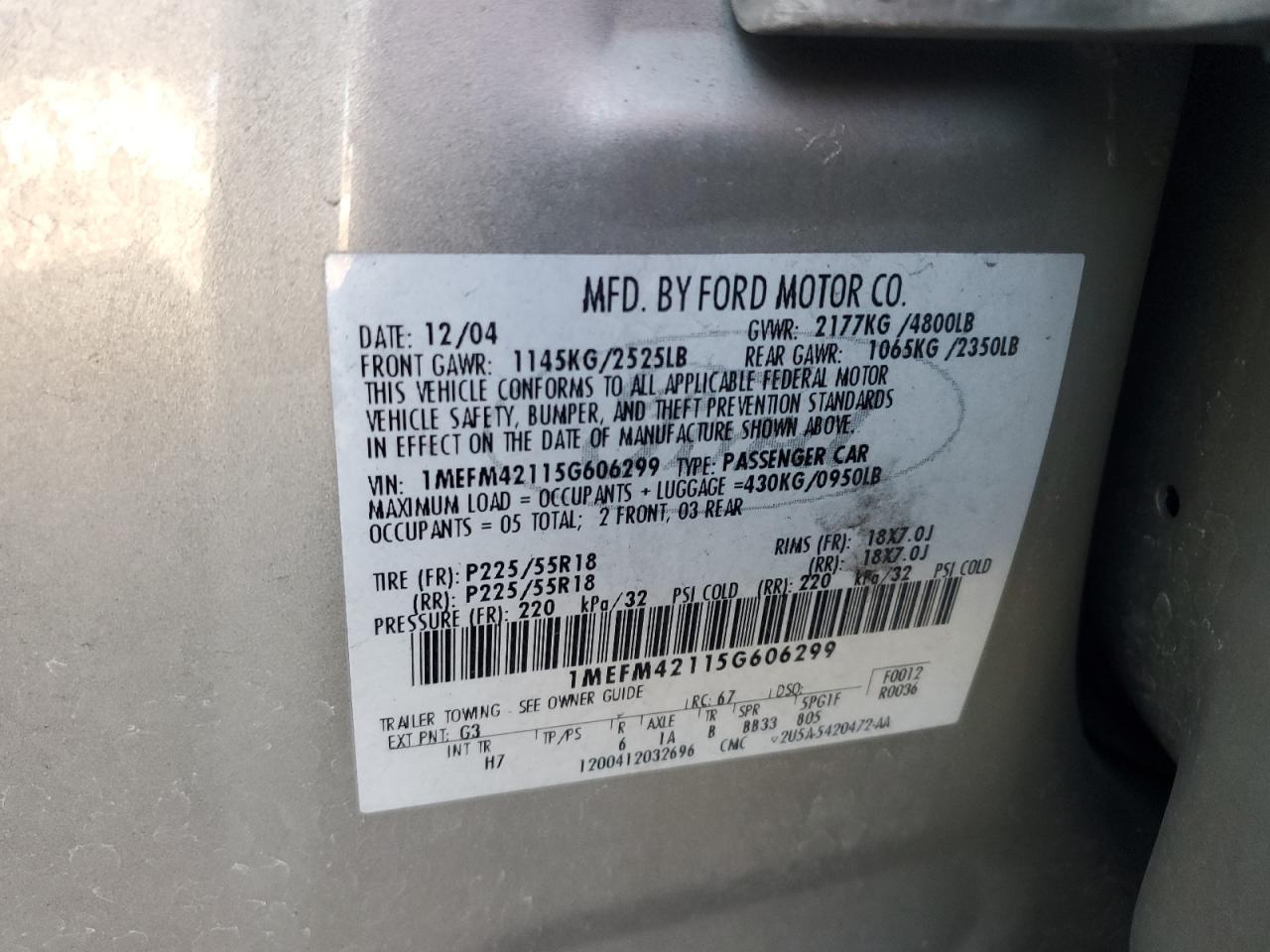 2005 Mercury Montego Premier VIN: 1MEFM42115G606299 Lot: 89564315