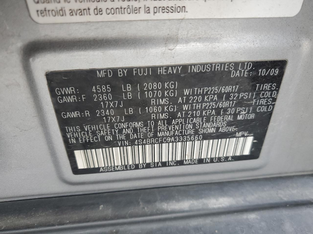 2010 Subaru Outback 2.5I Premium VIN: 4S4BRCFC9A3335660 Lot: 84835905