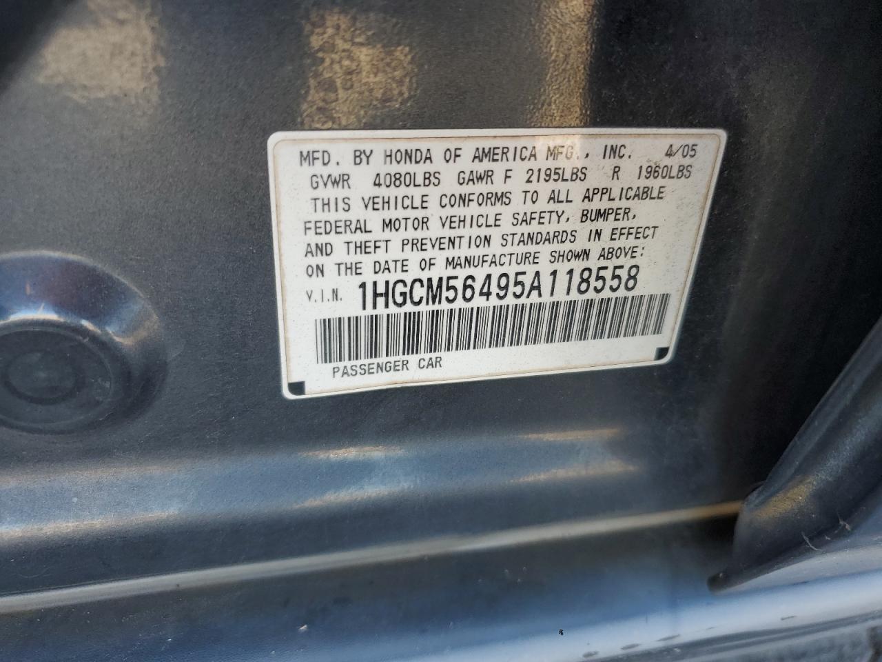 2005 Honda Accord VIN: 1HGCM56495A118558 Lot: 82325255