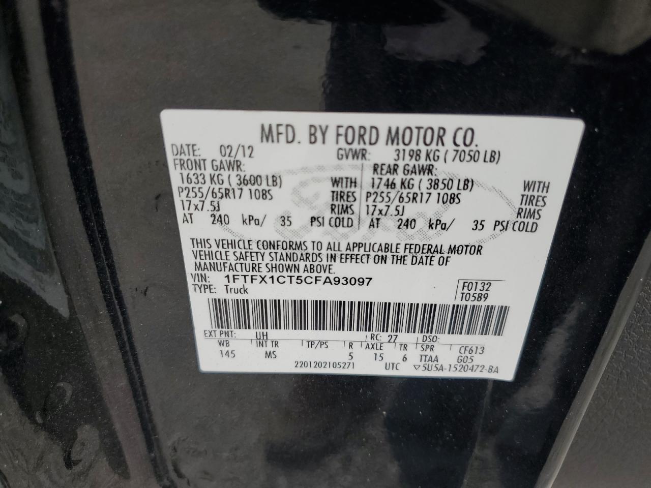 2012 Ford F150 Super Cab VIN: 1FTFX1CT5CFA93097 Lot: 85841595