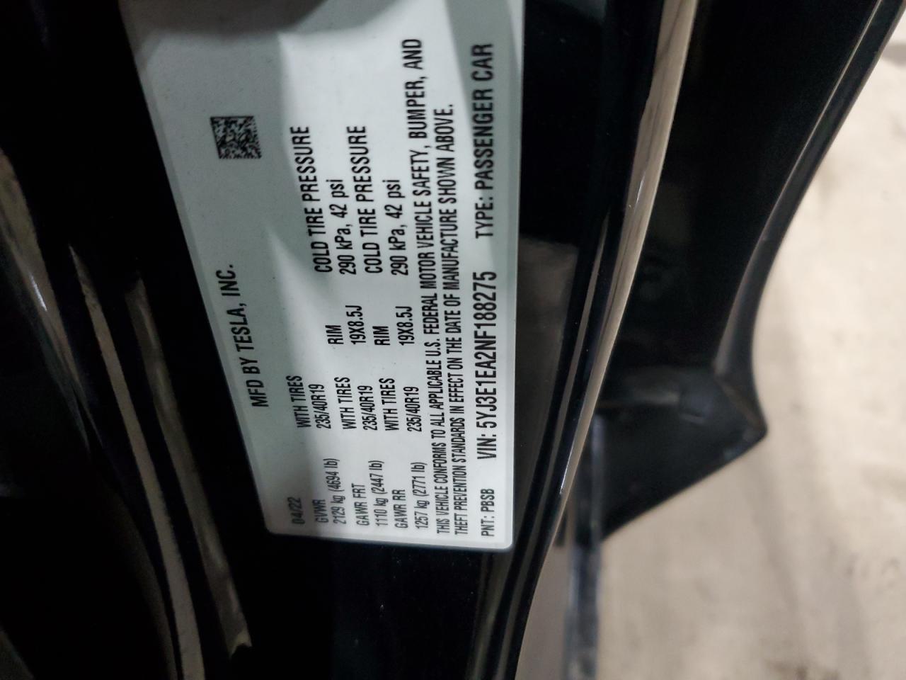 2022 Tesla Model 3 VIN: 5YJ3E1EA2NF188275 Lot: 85819545