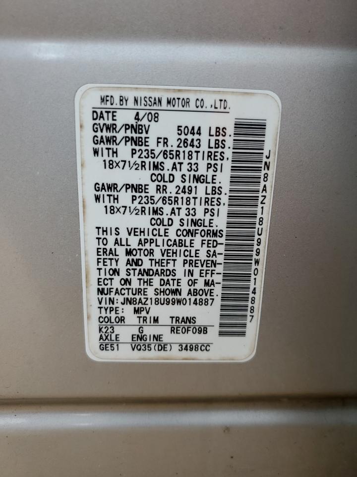 2009 Nissan Murano S VIN: JN8AZ18U99W014887 Lot: 85012925