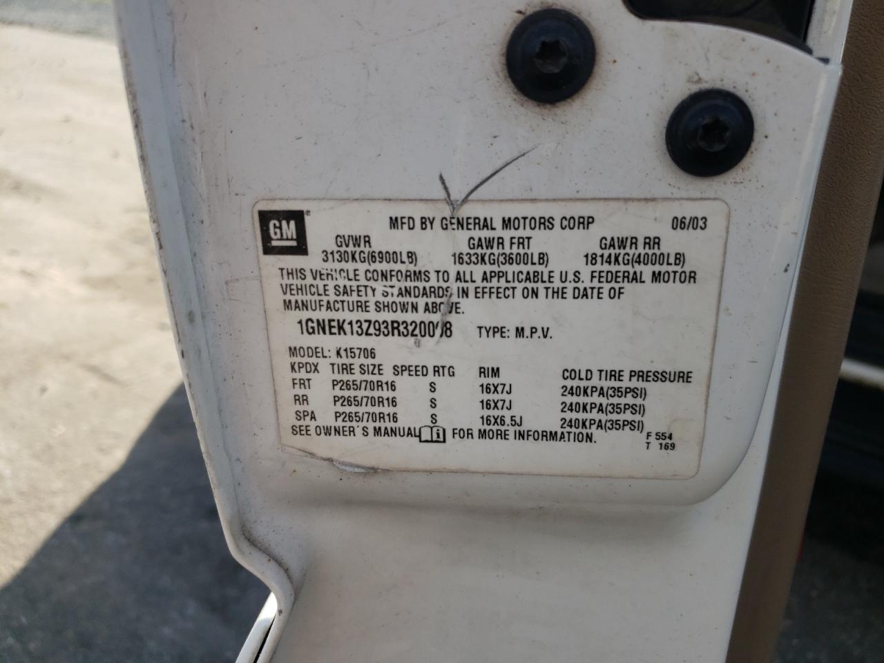 2003 Chevrolet Tahoe K1500 VIN: 1GNEK13Z93R320098 Lot: 85474565