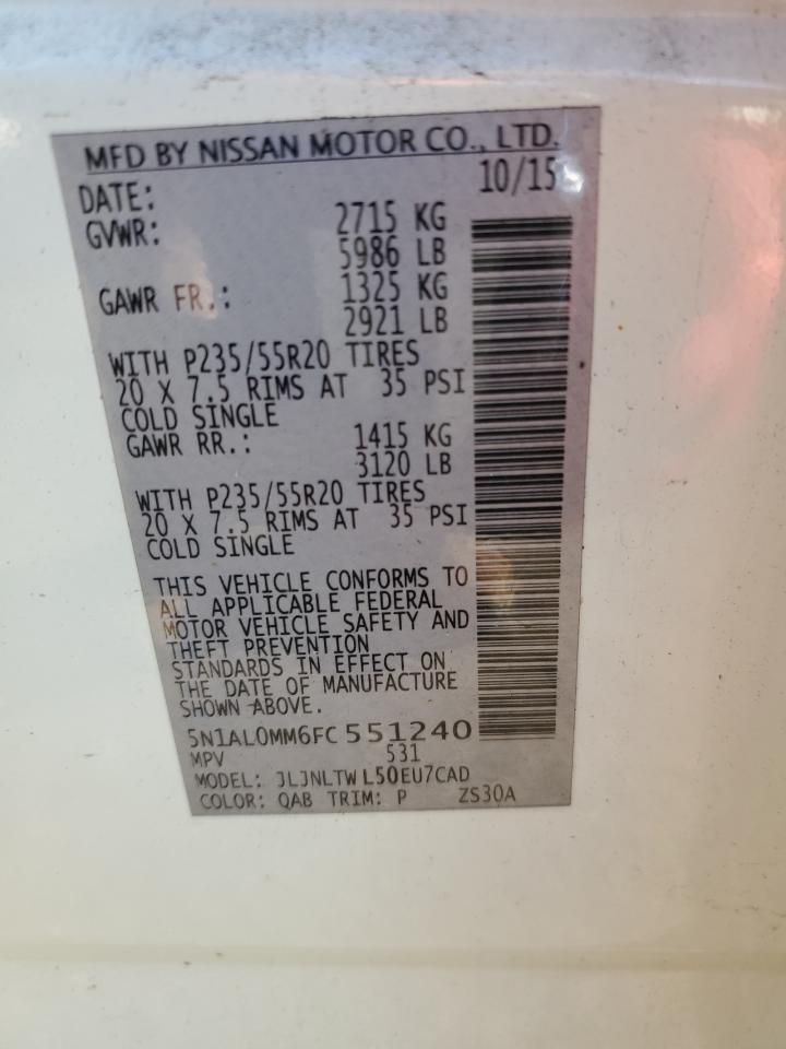 2015 Infiniti Qx60 VIN: 5N1AL0MM6FC551240 Lot: 85823205