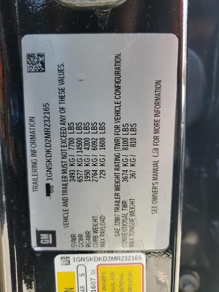 2021 Chevrolet Suburban K1500 Z71 VIN: 1GNSKDKD2MR232165 Lot: 89876925