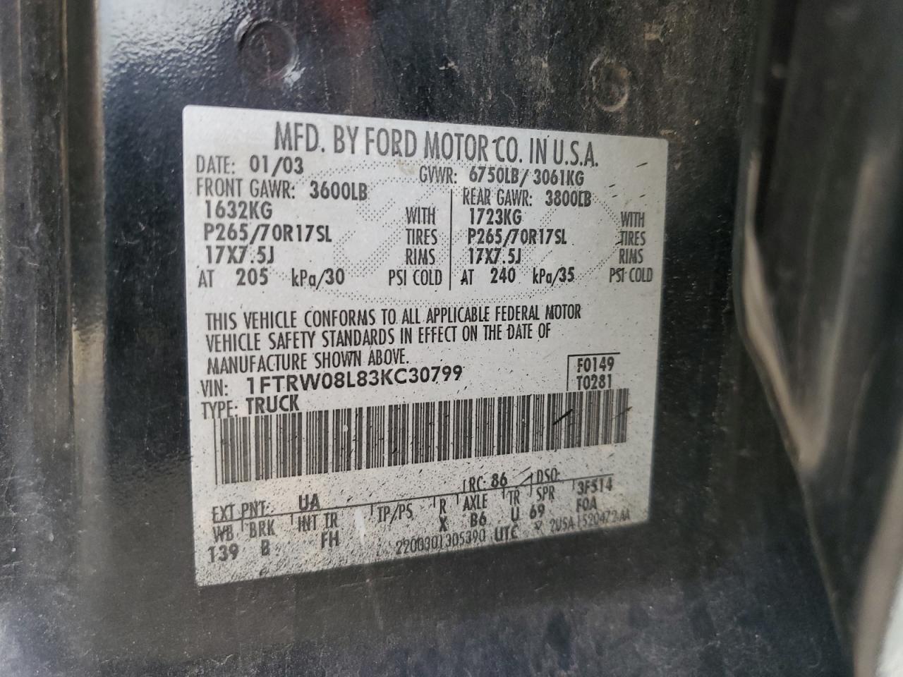 2003 Ford F150 Supercrew VIN: 1FTRW08L83KC30799 Lot: 85860555