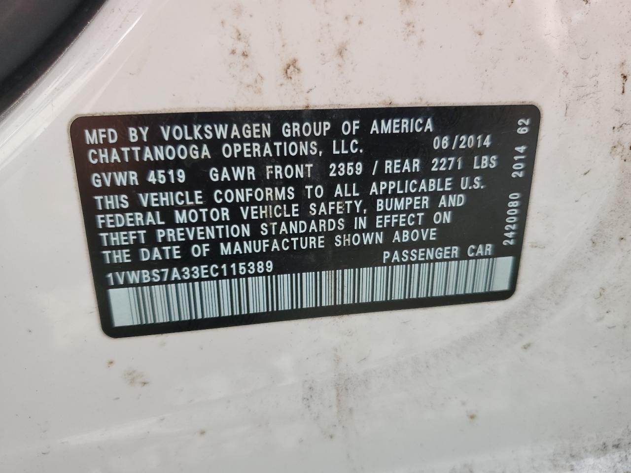 2014 Volkswagen Passat Se VIN: 1VWBS7A33EC115389 Lot: 82335605