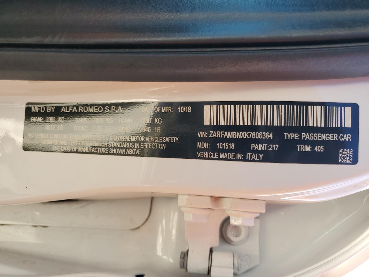 2019 Alfa Romeo Giulia Ti VIN: ZARFAMBNXK7606364 Lot: 89908485