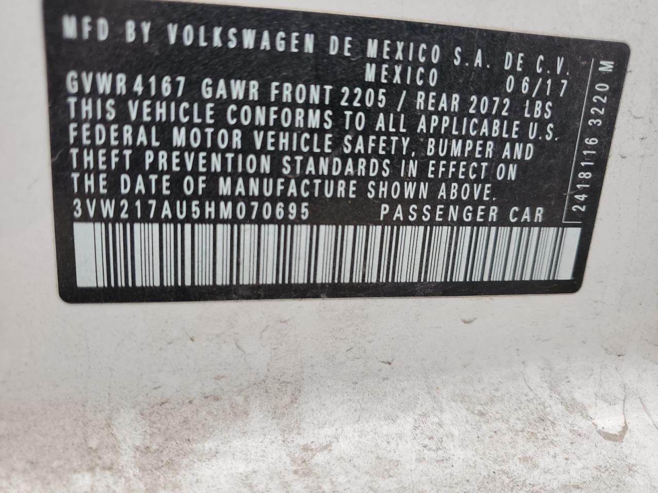 2017 Volkswagen Golf S VIN: 3VW217AU5HM070695 Lot: 86338425