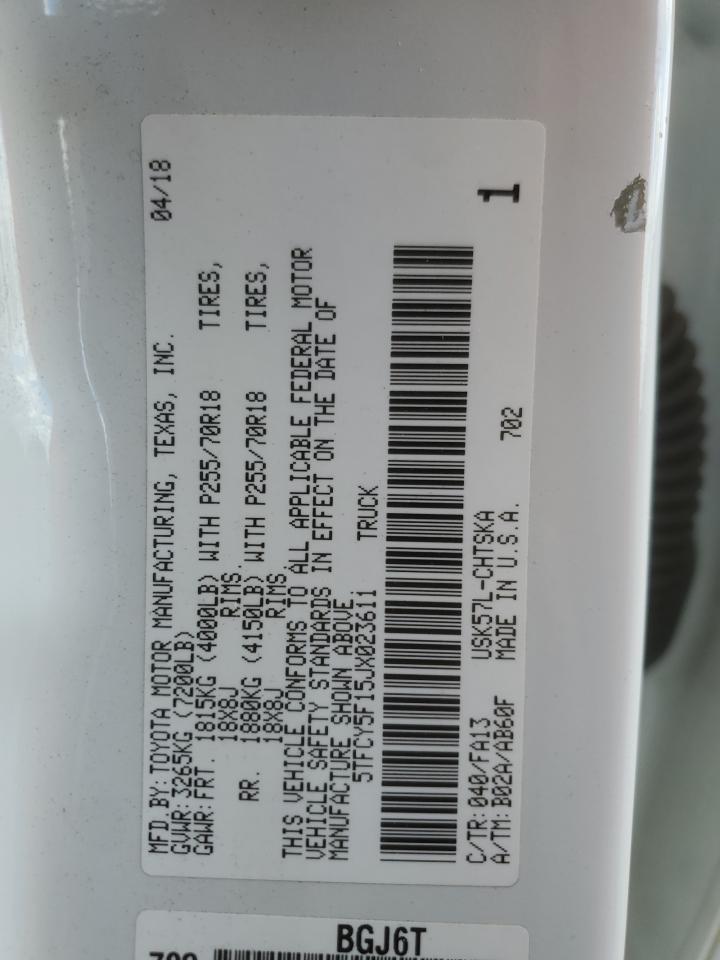 2018 Toyota Tundra Double Cab Sr VIN: 5TFCY5F15JX023611 Lot: 82424375