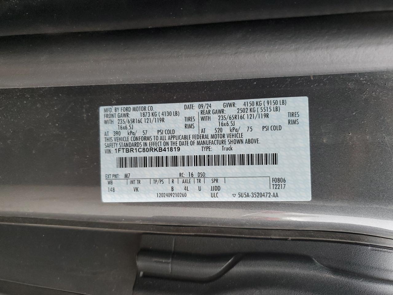 2024 Ford Transit T-250 Delivery Van VIN: 1FTBR1C80RKB41819 Lot: 90257455