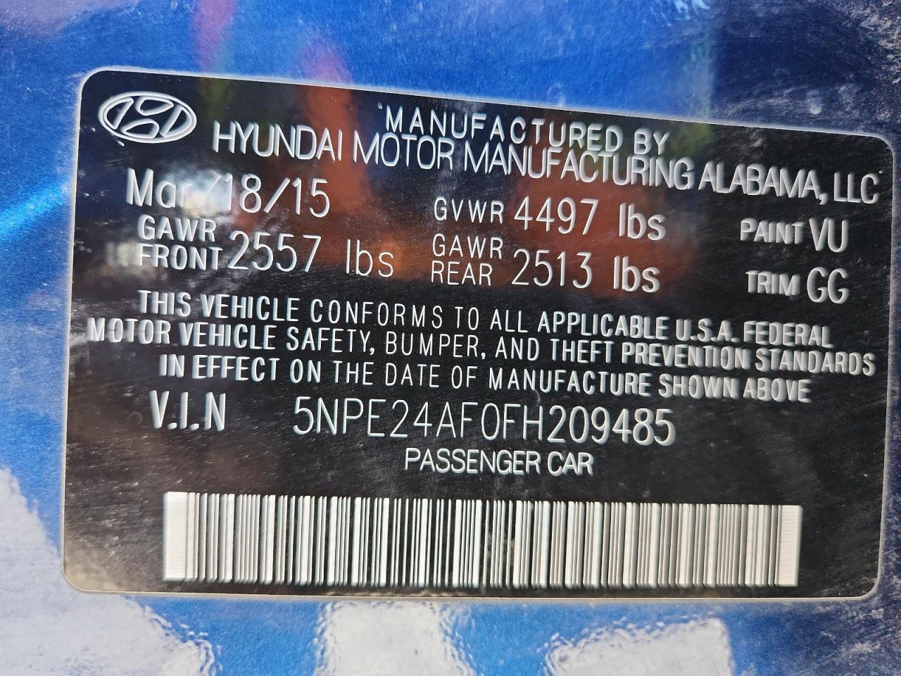 2015 Hyundai Sonata Se VIN: 5NPE24AF0FH209485 Lot: 82554325