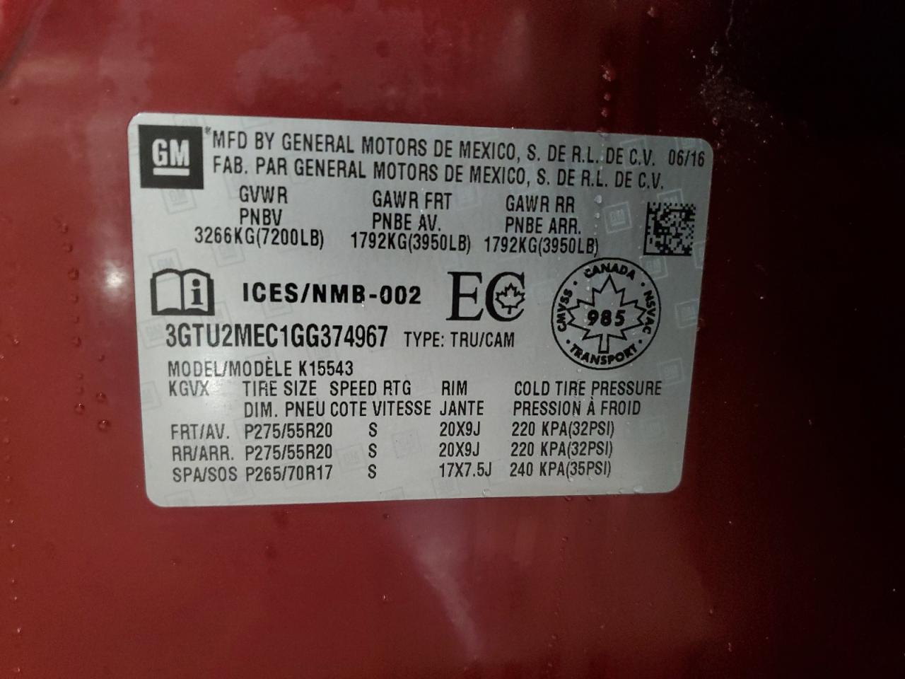 2016 GMC Sierra K1500 Sle VIN: 3GTU2MEC1GG374967 Lot: 85759115