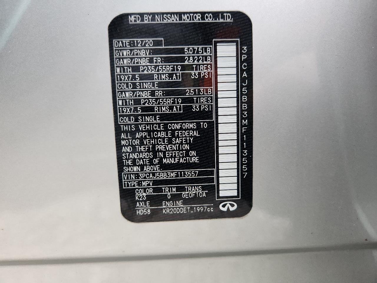 2021 Infiniti Qx50 Luxe VIN: 3PCAJ5BB3MF113557 Lot: 86127365