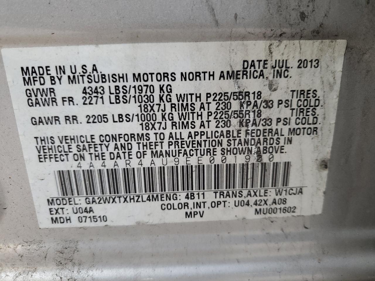 2014 Mitsubishi Outlander Sport Se VIN: 4A4AR4AU9EE001900 Lot: 82429555