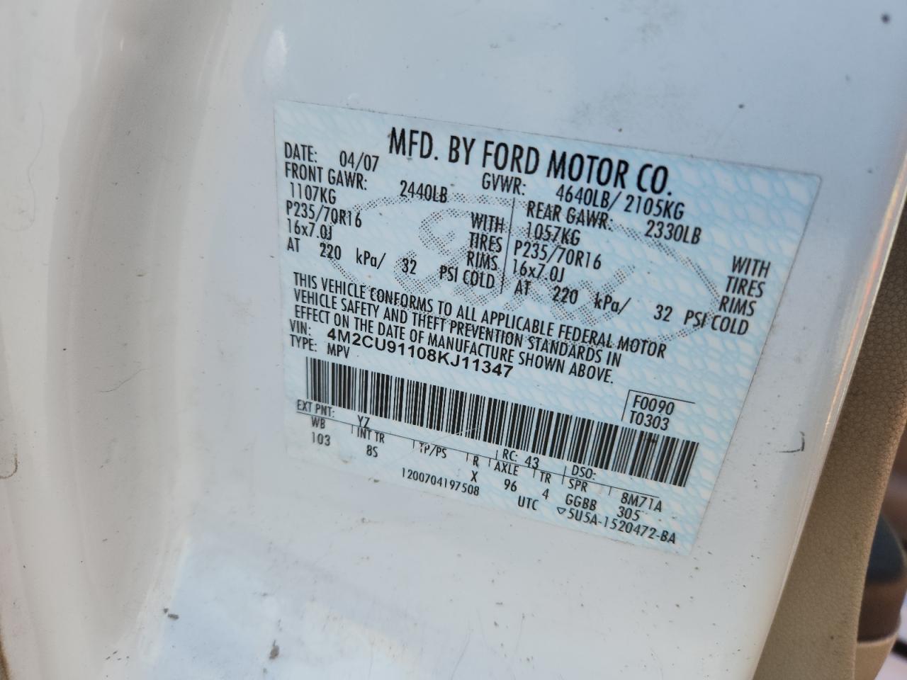 2008 Mercury Mariner VIN: 4M2CU91108KJ11347 Lot: 82415875