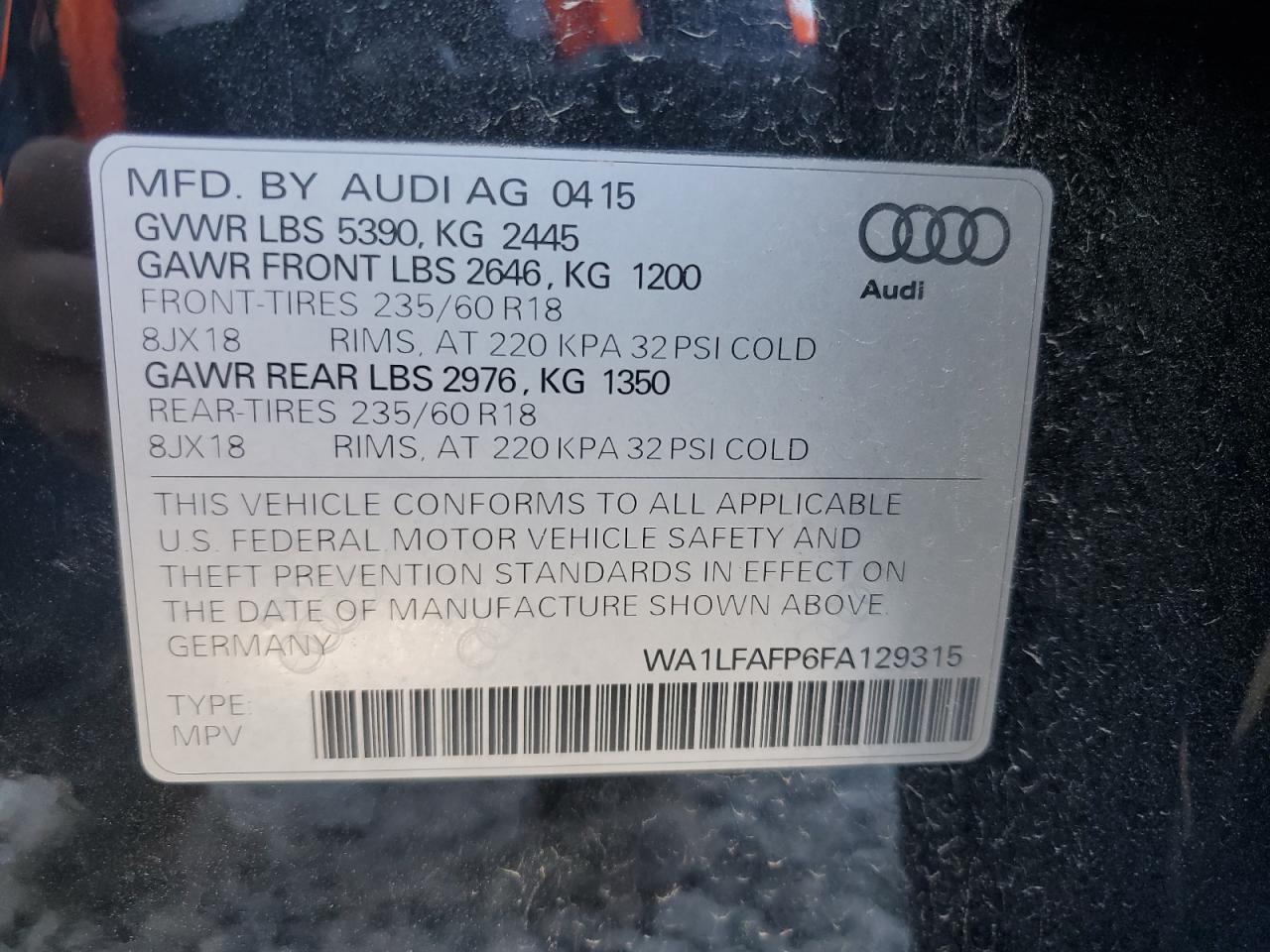 2015 Audi Q5 Premium Plus VIN: WA1LFAFP6FA129315 Lot: 89720655