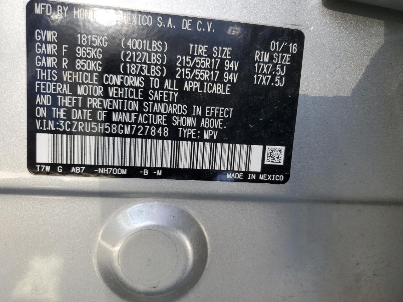 2016 Honda Hr-V Ex VIN: 3CZRU5H58GM727848 Lot: 82285625