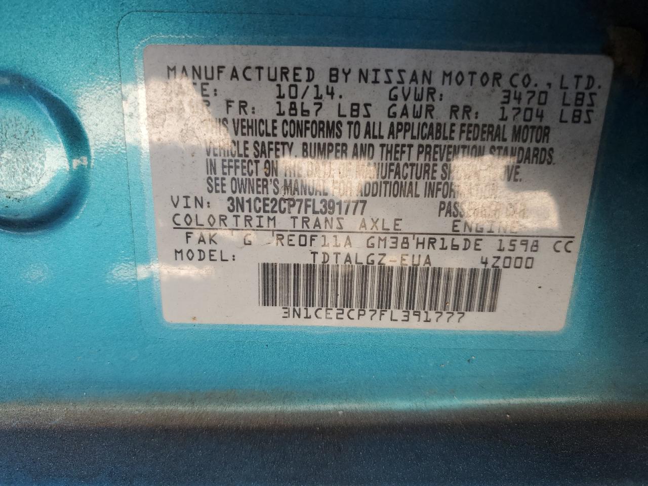 2015 Nissan Versa Note S VIN: 3N1CE2CP7FL391777 Lot: 81981155