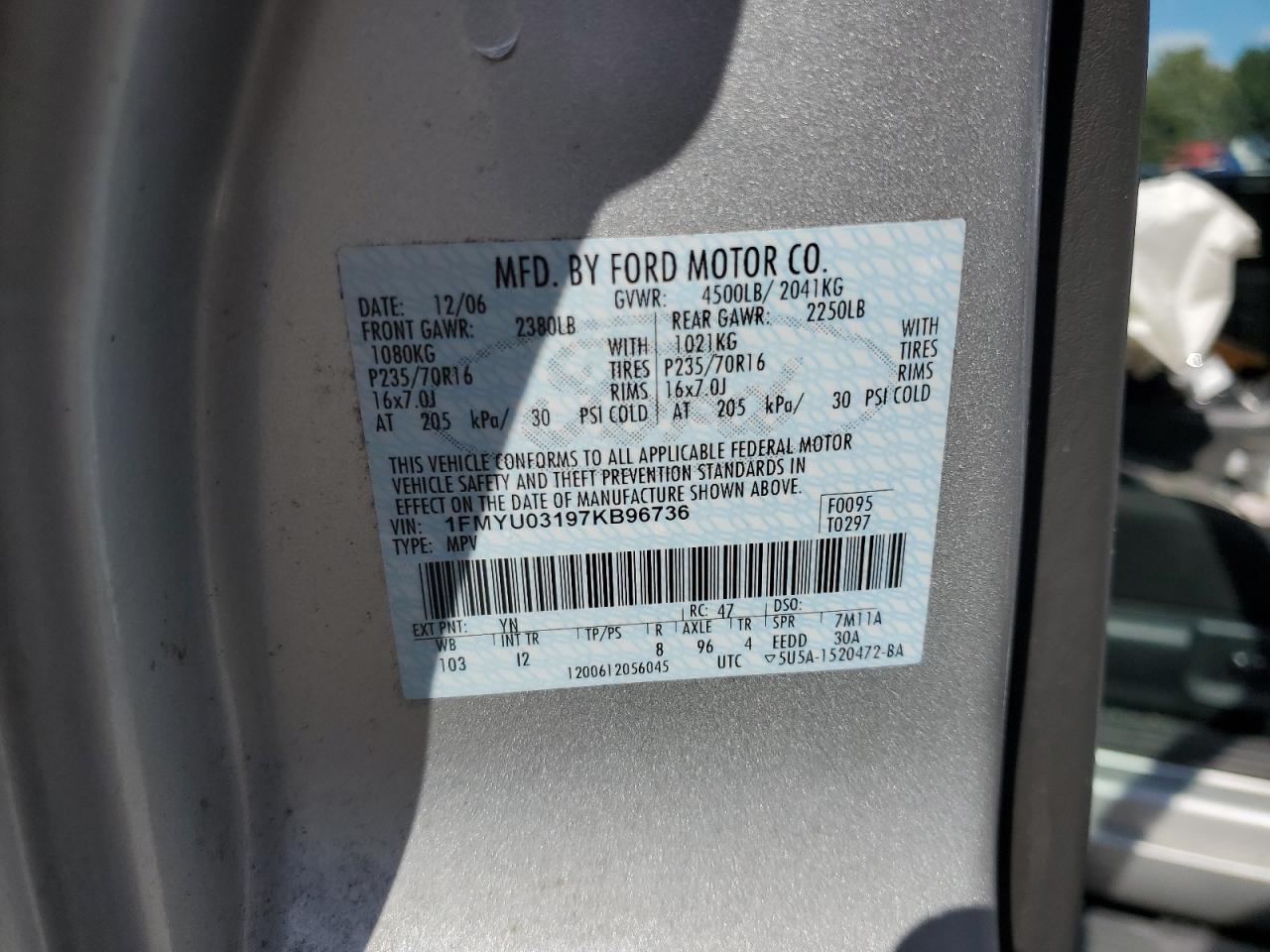 2007 Ford Escape Xlt VIN: 1FMYU03197KB96736 Lot: 82242325