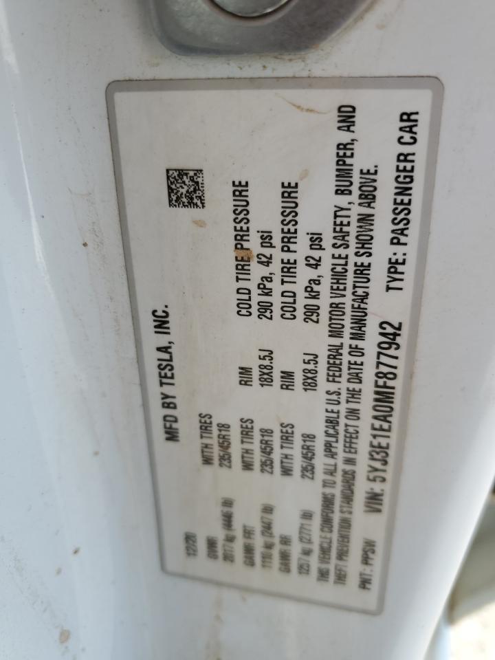 2021 Tesla Model 3 VIN: 5YJ3E1EA0MF877942 Lot: 85781235