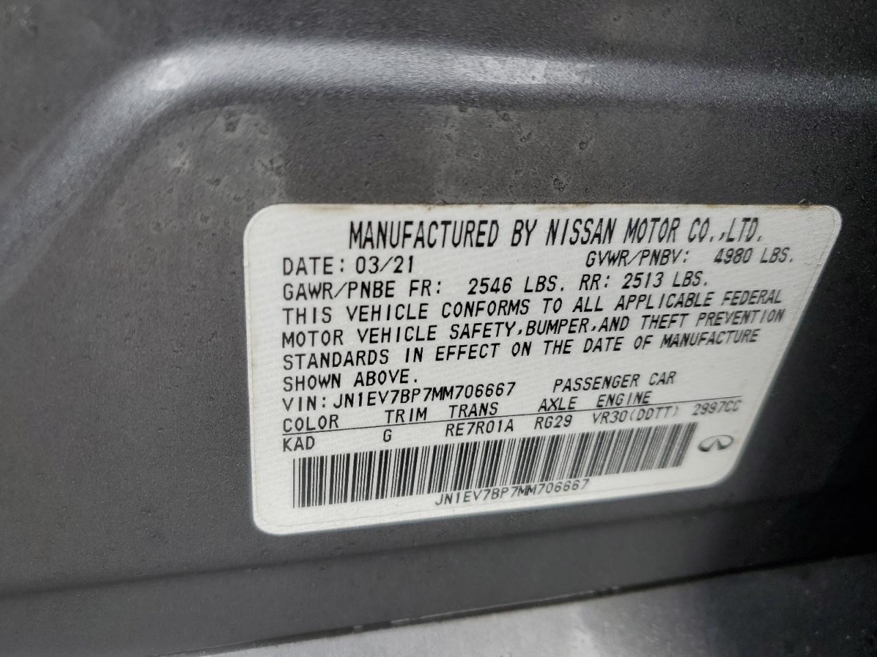 2021 Infiniti Q50 Luxe VIN: JN1EV7BP7MM706667 Lot: 89904185