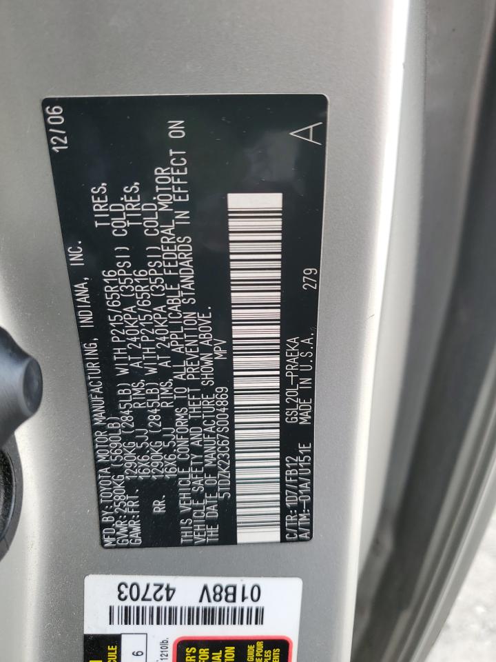 2007 Toyota Sienna Ce VIN: 5TDZK23C67S004869 Lot: 85945415