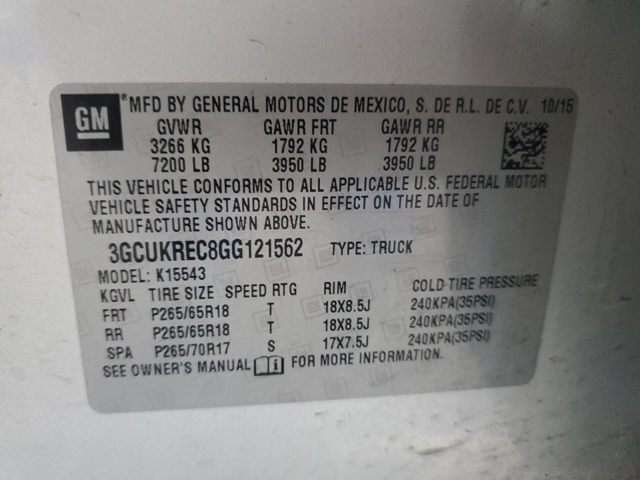 2016 Chevrolet Silverado K1500 Lt VIN: 3GCUKREC8GG121562 Lot: 84190005