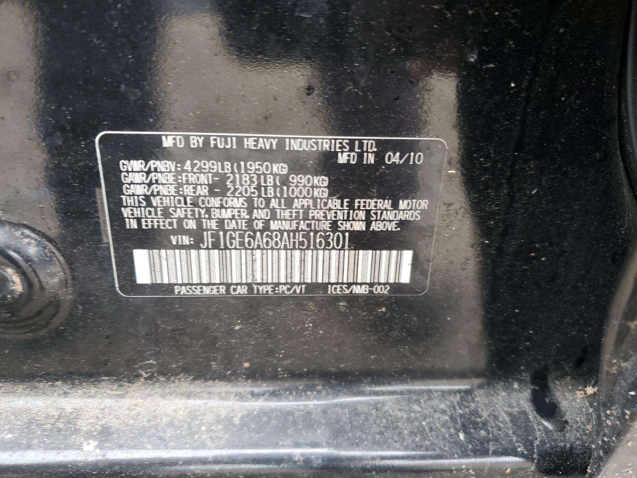 2010 Subaru Impreza 2.5I VIN: JF1GE6A68AH516301 Lot: 90503835