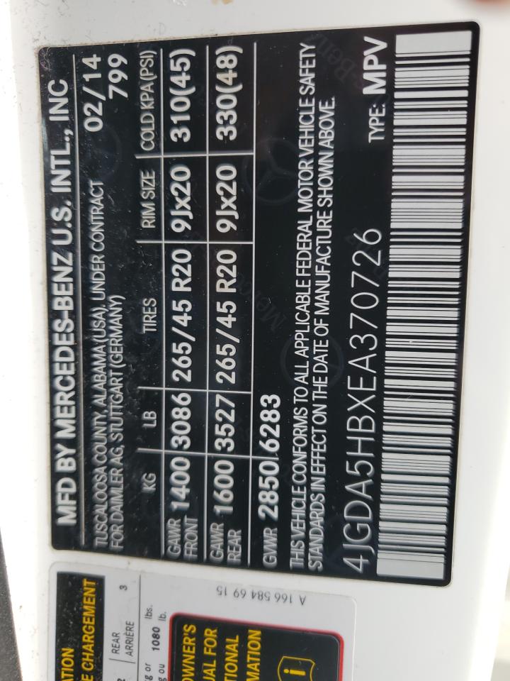 2014 Mercedes-Benz Ml 350 4Matic VIN: 4JGDA5HBXEA370726 Lot: 82355425