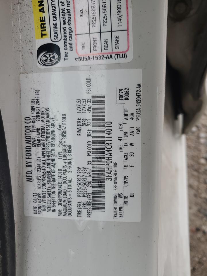 2012 Ford Fusion Se VIN: 3FAHP0HA4CR114010 Lot: 89546455