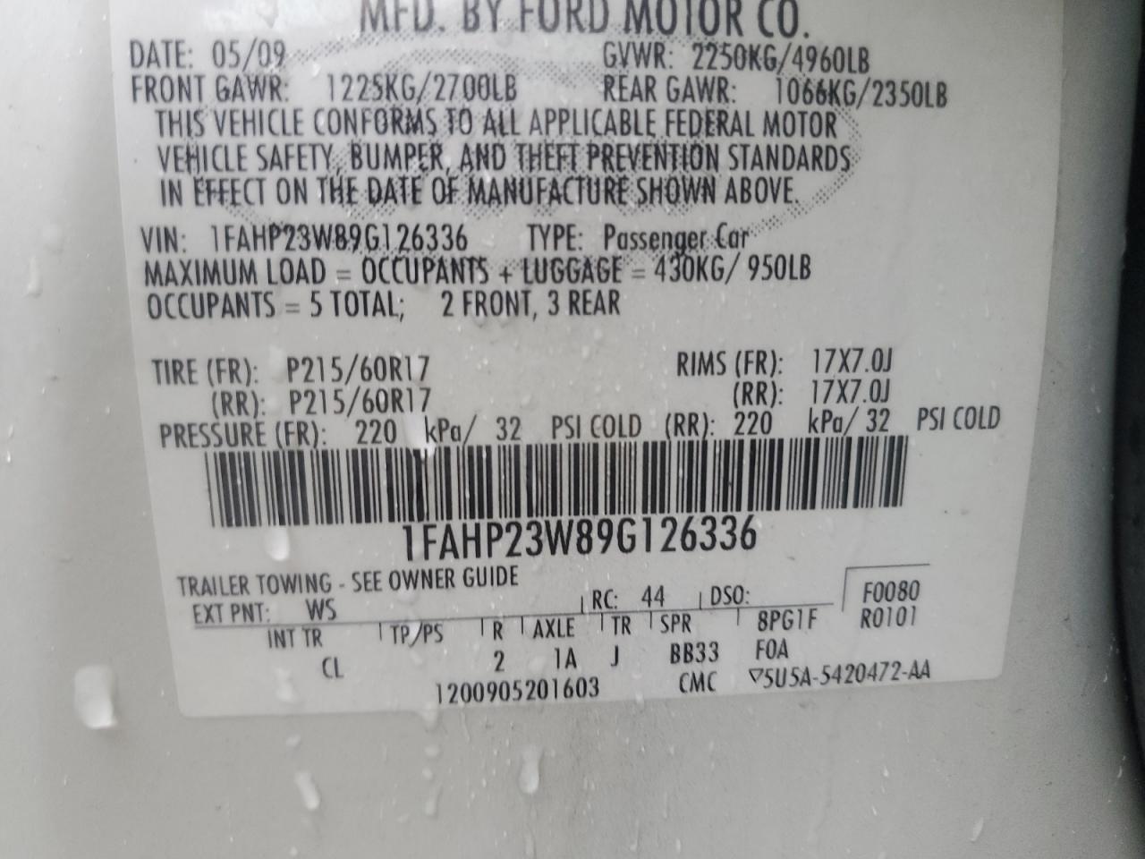 2009 Ford Taurus Se VIN: 1FAHP23W89G126336 Lot: 90856955