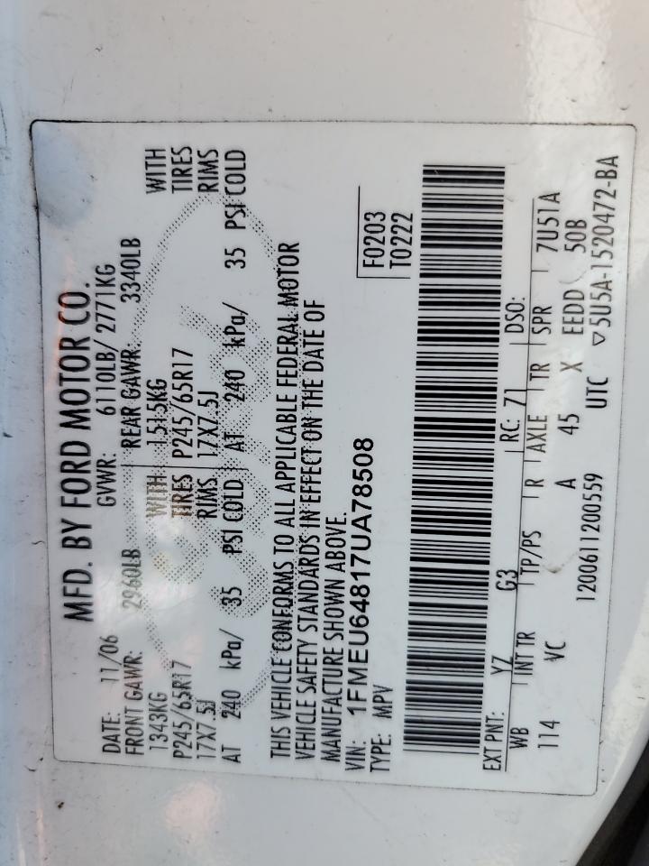 2007 Ford Explorer Eddie Bauer VIN: 1FMEU64817UA78508 Lot: 82557185