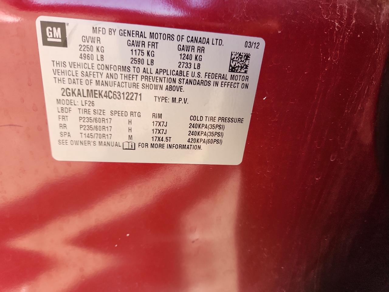 2012 GMC Terrain Sle VIN: 2GKALMEK4C6312271 Lot: 84658205