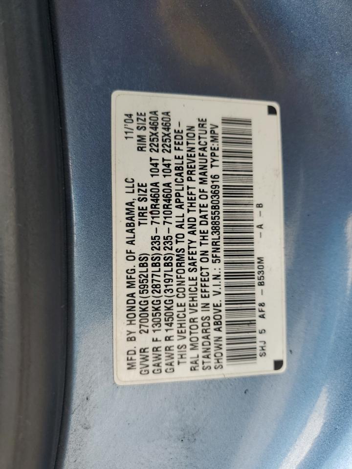 2005 Honda Odyssey Touring VIN: 5FNRL38855B036916 Lot: 85184755