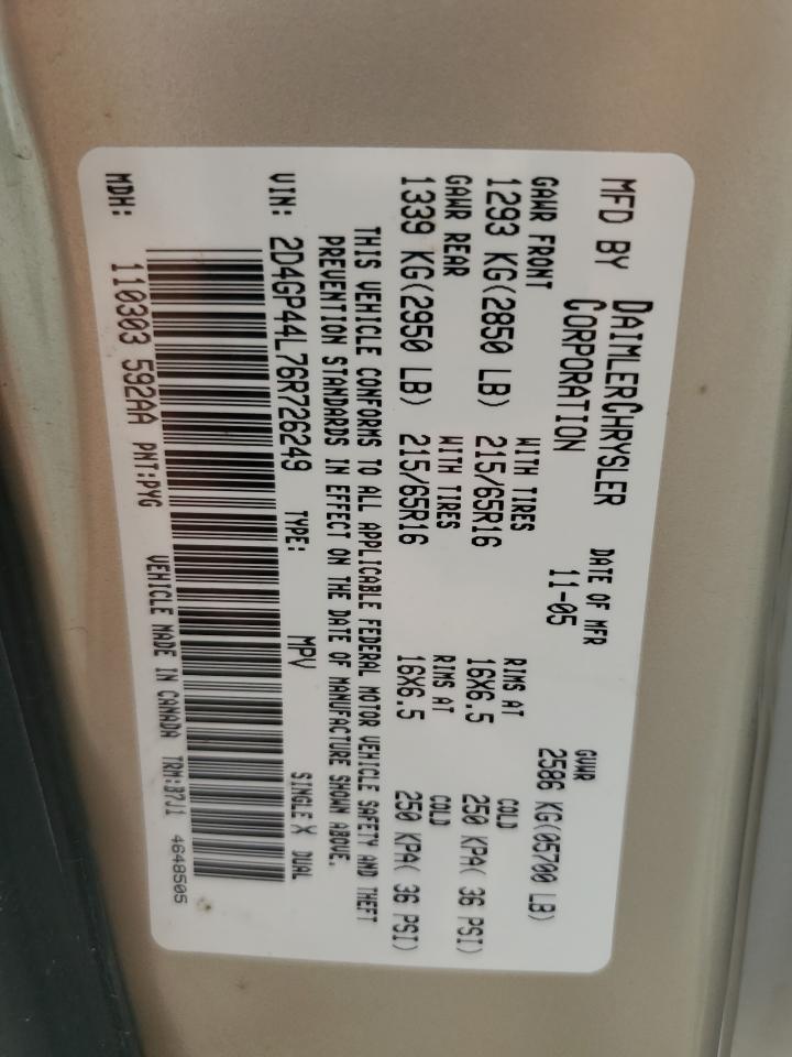 2006 Dodge Grand Caravan Sxt VIN: 2D4GP44L76R726249 Lot: 81326405