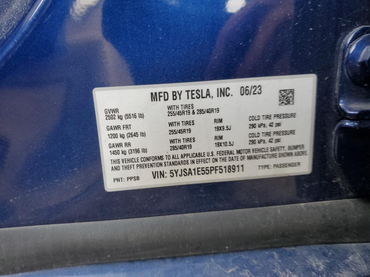 2023 Tesla Model S VIN: 5YJSA1E55PF518911 Lot: 89900005