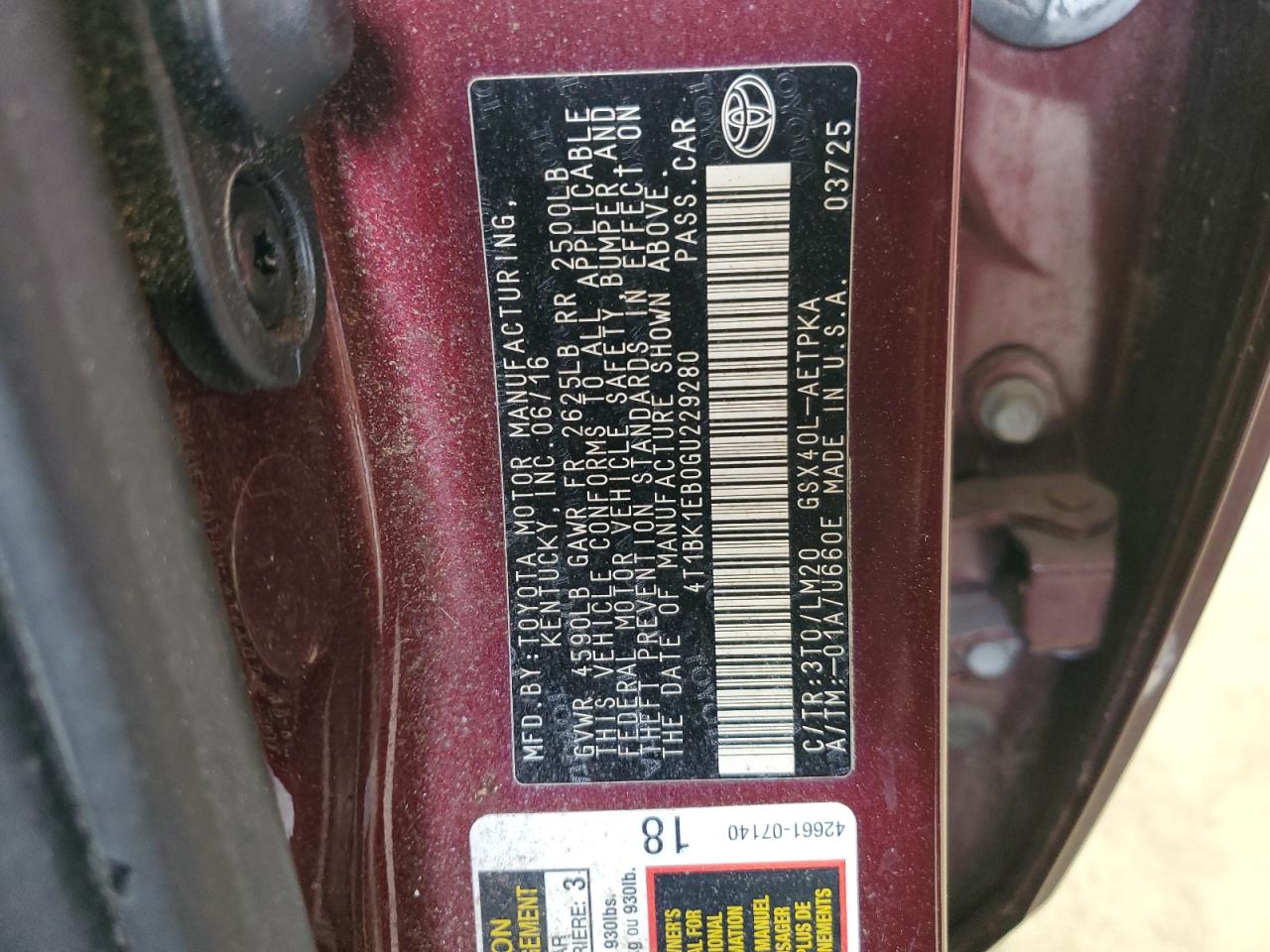 2016 Toyota Avalon Xle VIN: 4T1BK1EB0GU229280 Lot: 82704315