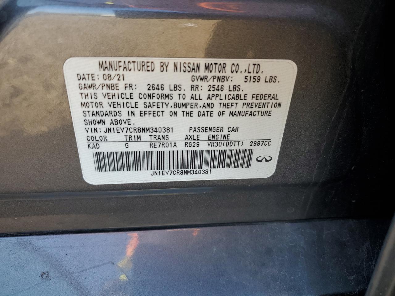 2022 Infiniti Q50 Sensory VIN: JN1EV7CR8NM340381 Lot: 90147505