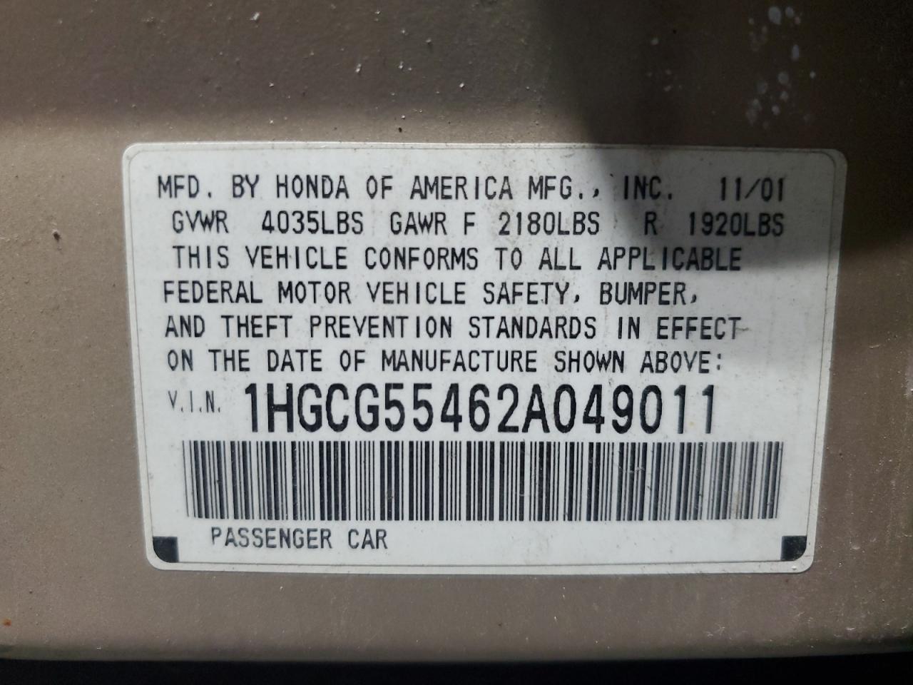 2002 Honda Accord Lx VIN: 1HGCG55462A049011 Lot: 86160375