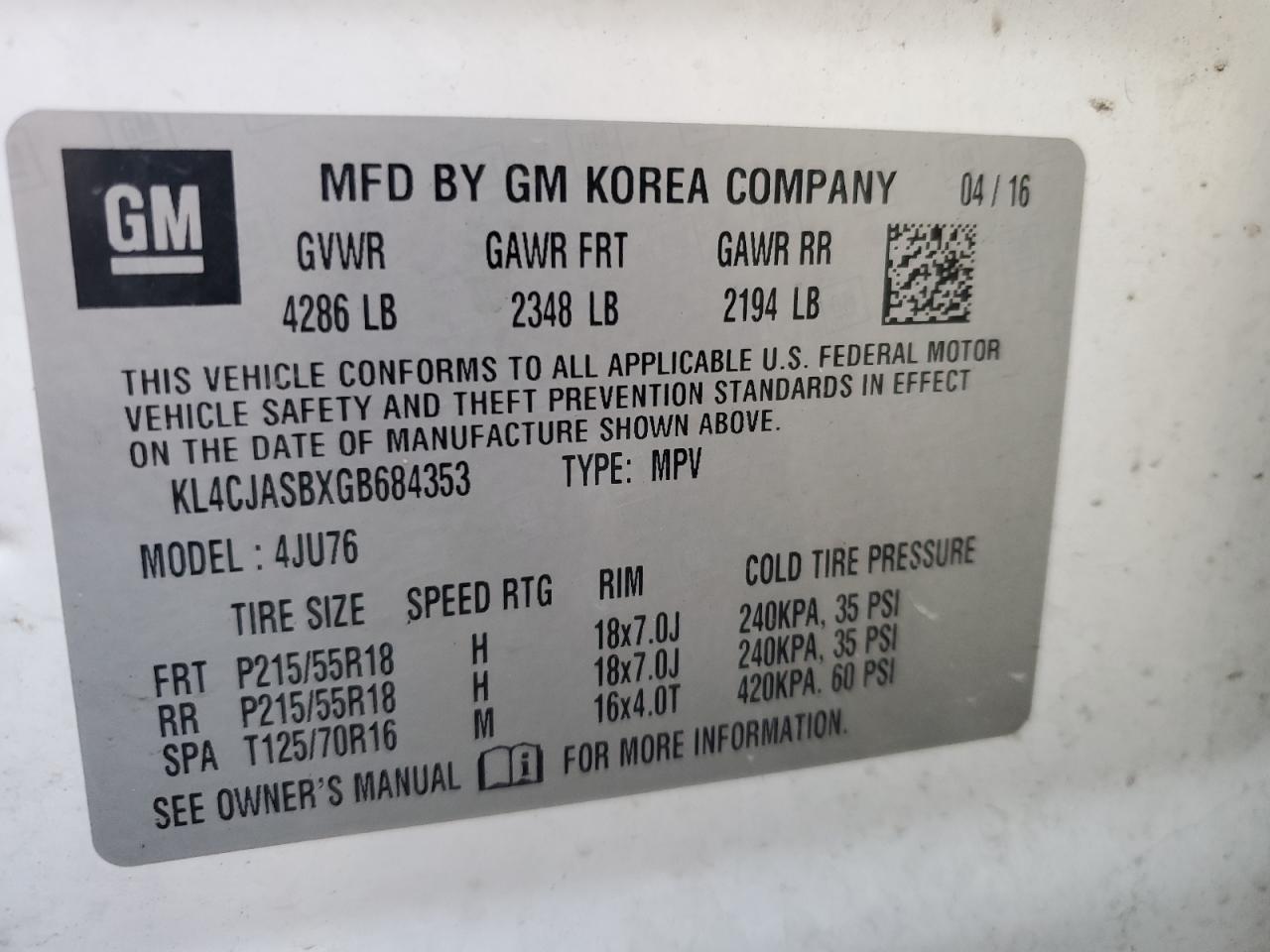 2016 Buick Encore VIN: KL4CJASBZGB684353 Lot: 85858215