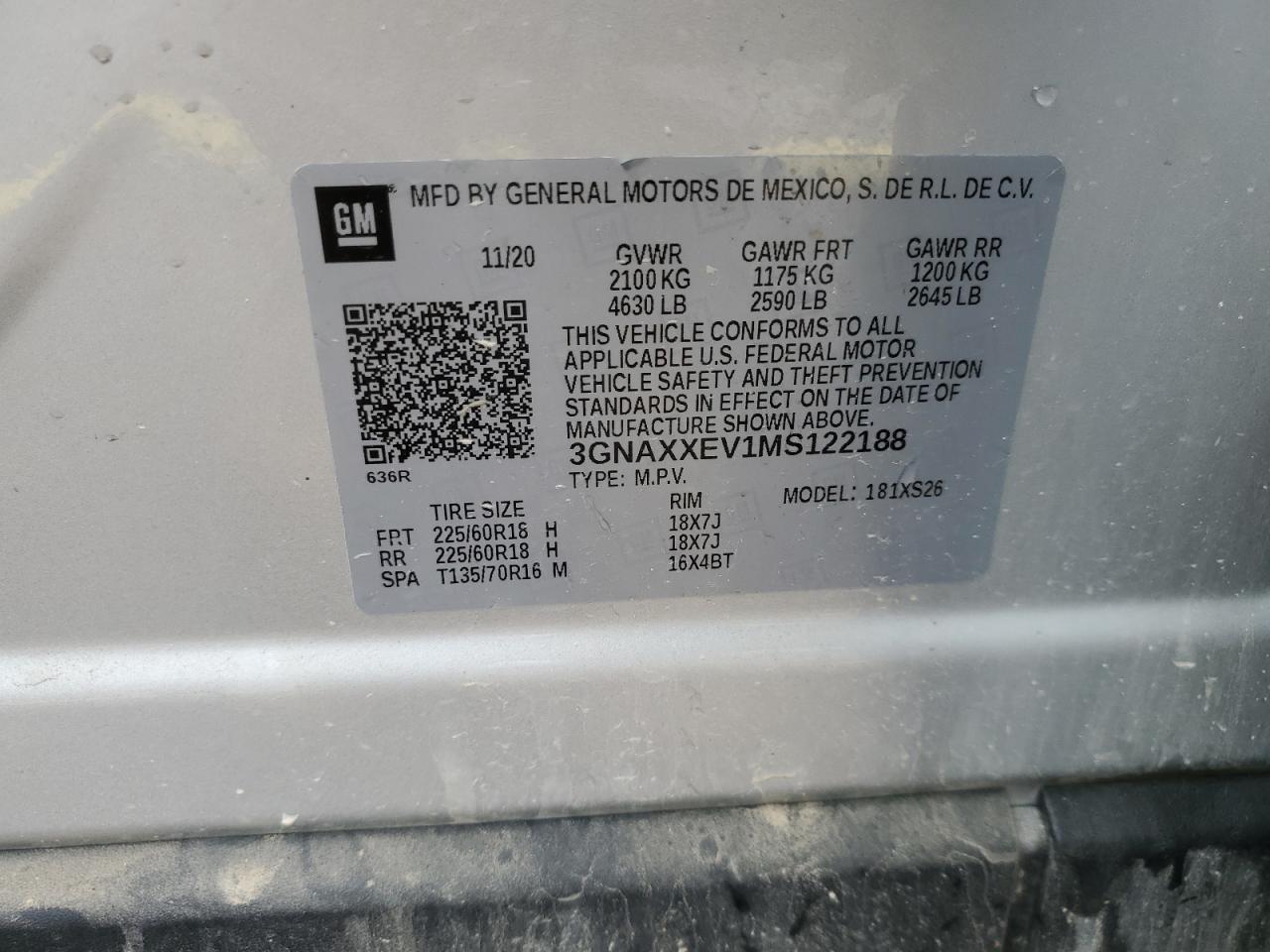 2021 Chevrolet Equinox Premier VIN: 3GNAXXEV1MS122188 Lot: 84893425