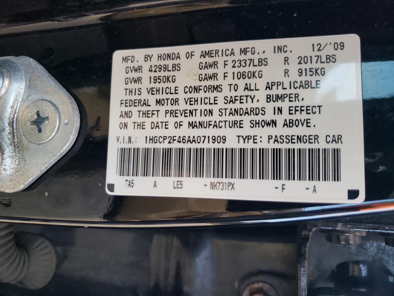 2010 Honda Accord Lxp VIN: 1HGCP2F46AA071909 Lot: 82286835